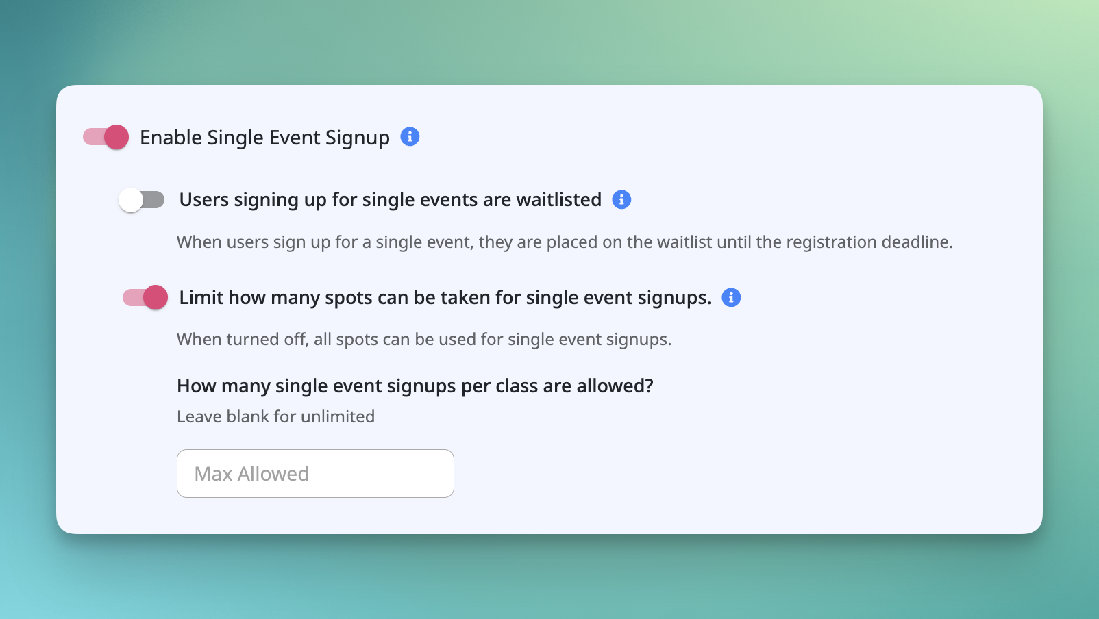 Drop in setting options